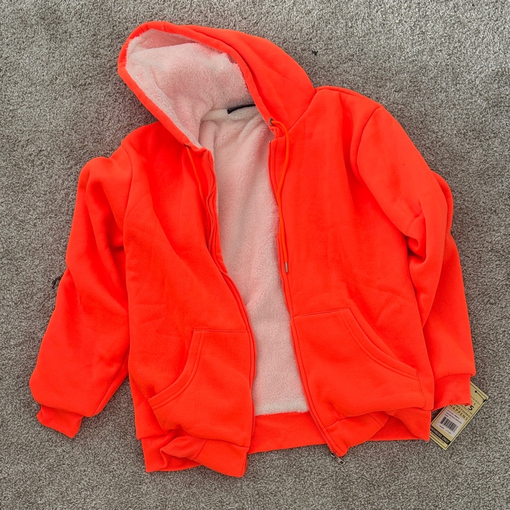 Bright neon Orange Members Only Hooded zip up Jacket soft fur hoodie large